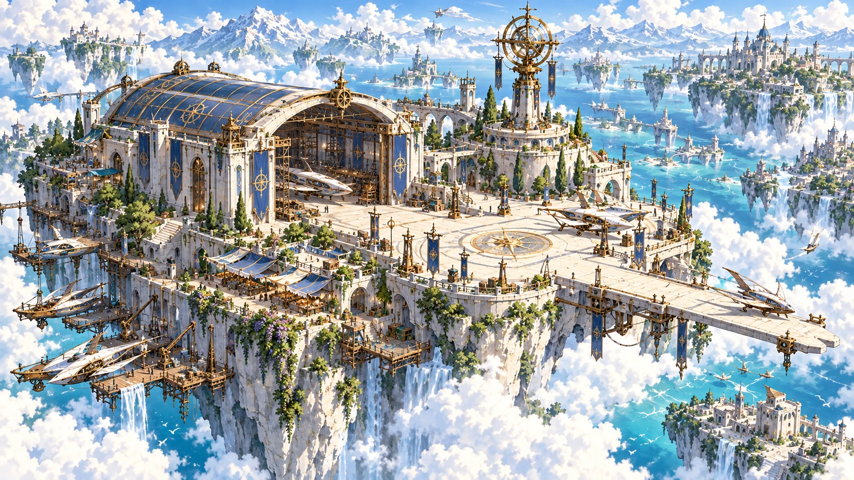 A luminous floating harbor, blue-roofed hangar and brass astrolabe suspended above a sea of clouds